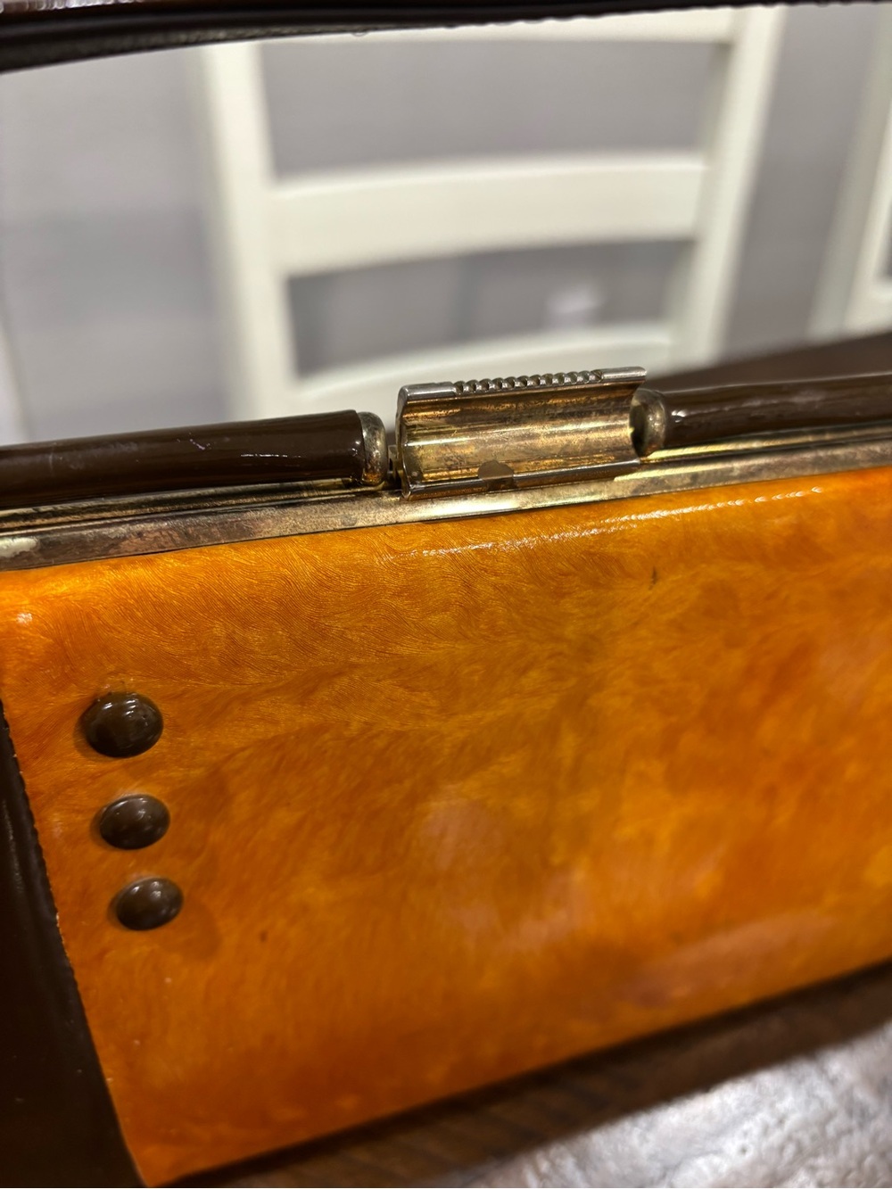 MCM 1960's Two-Tone Orange and Brown Metal close Purse with Stud Accents - Picture 5 of 16